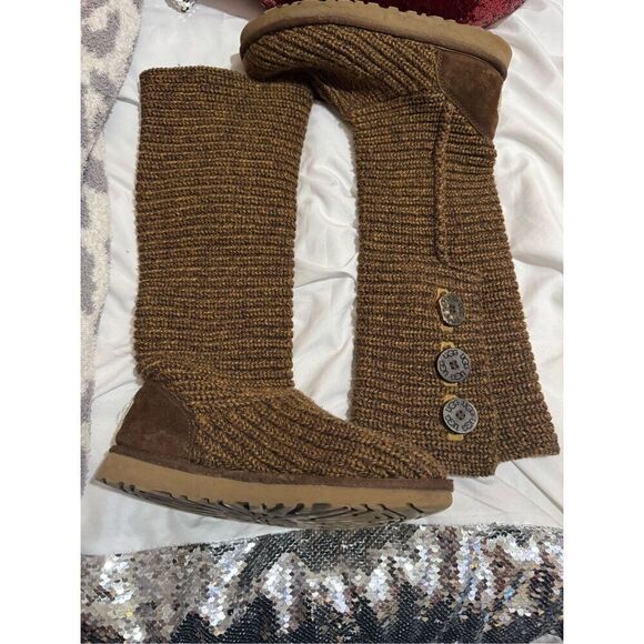 Sz 7 sweater knit tan gold/brown Cardy UGG boots tall or fold over wear - Picture 2 of 13